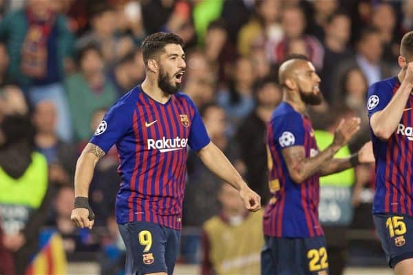 BARCELONA, SPAIN - Wednesday, May 1, 2019: FC Barcelona's Luis Suárez celebrates scoring the first goal during the UEFA Champions League Semi-Final 1st Leg match between FC Barcelona and Liverpool FC at the Camp Nou. (Pic by David Rawcliffe/Propaganda)