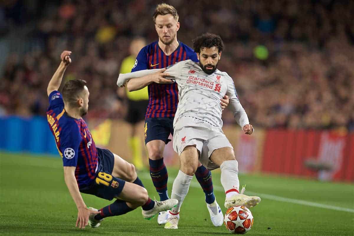 BARCELONA, SPAIN - Wednesday, May 1, 2019: Liverpool's Mohamed Salah (R) is tackled by FC Barcelona's Jordi Alba (L) during the UEFA Champions League Semi-Final 1st Leg match between FC Barcelona and Liverpool FC at the Camp Nou. (Pic by David Rawcliffe/Propaganda)