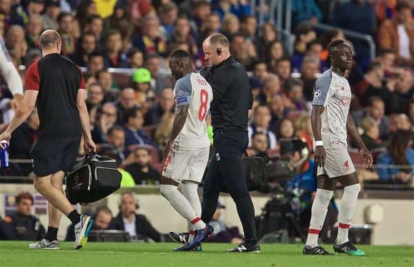 BARCELONA, SPAIN - Wednesday, May 1, 2019: Liverpool's Naby Keita goes off injured during the UEFA Champions League Semi-Final 1st Leg match between FC Barcelona and Liverpool FC at the Camp Nou. (Pic by David Rawcliffe/Propaganda)