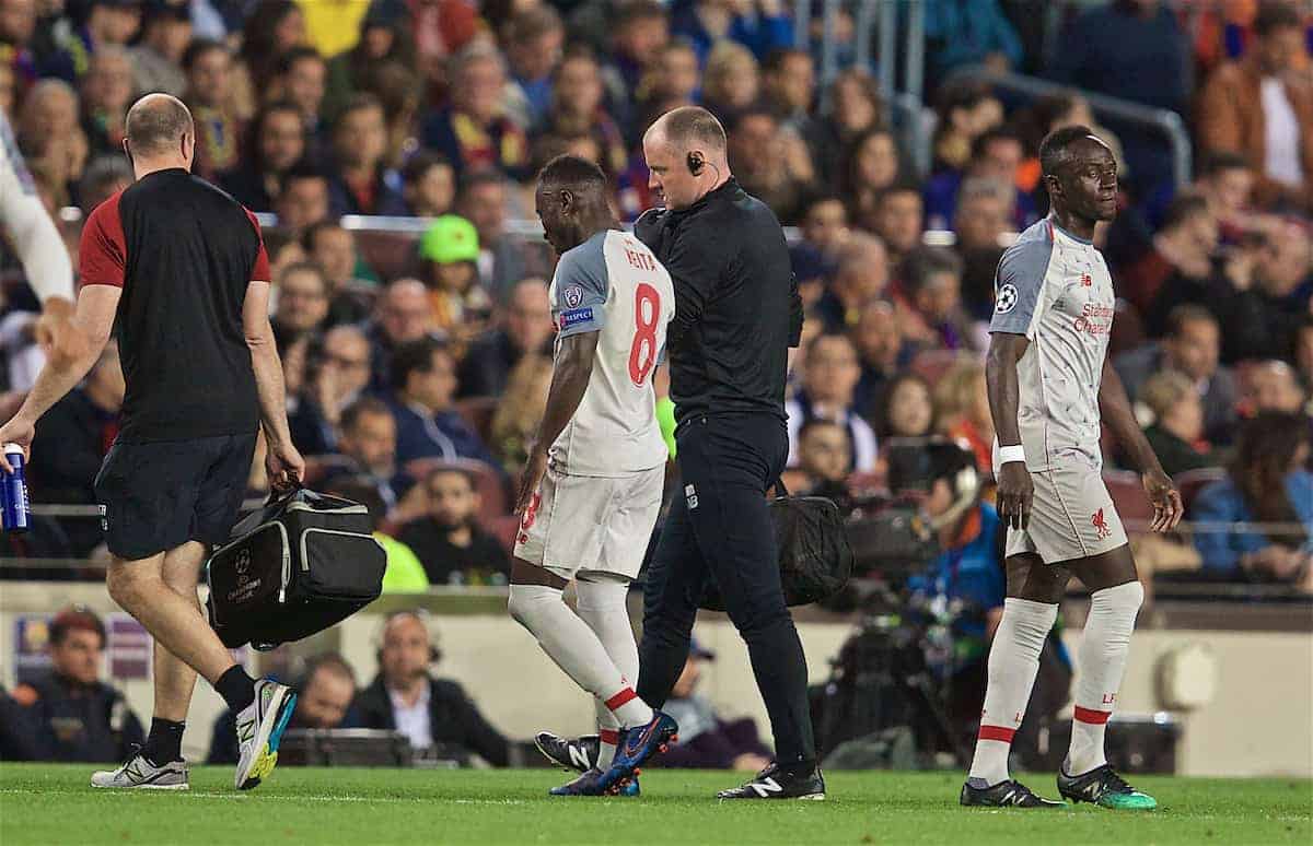 BARCELONA, SPAIN - Wednesday, May 1, 2019: Liverpool's Naby Keita goes off injured during the UEFA Champions League Semi-Final 1st Leg match between FC Barcelona and Liverpool FC at the Camp Nou. (Pic by David Rawcliffe/Propaganda)