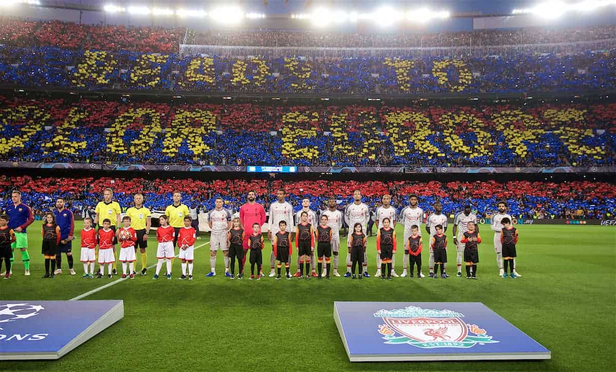 BARCELONA, SPAIN - Wednesday, May 1, 2019: Liverpool platers line-up before the UEFA Champions League Semi-Final 1st Leg match between FC Barcelona and Liverpool FC at the Camp Nou. (Pic by David Rawcliffe/Propaganda)