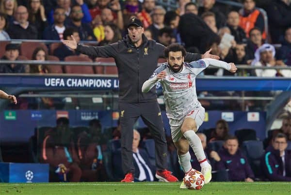 BARCELONA, SPAIN - Wednesday, May 1, 2019: Liverpool's Mohamed Salah and manager Jürgen Klopp during the UEFA Champions League Semi-Final 1st Leg match between FC Barcelona and Liverpool FC at the Camp Nou. (Pic by David Rawcliffe/Propaganda)