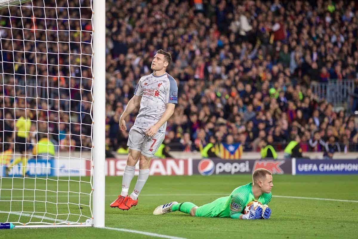 BARCELONA, SPAIN - Wednesday, May 1, 2019: Liverpool's James Milner looks dejected after missing a chance during the UEFA Champions League Semi-Final 1st Leg match between FC Barcelona and Liverpool FC at the Camp Nou. (Pic by David Rawcliffe/Propaganda)