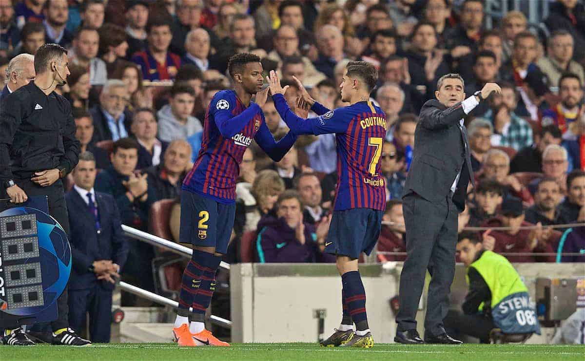 BARCELONA, SPAIN - Wednesday, May 1, 2019: FC Barcelona's Philippe Coutinho Correia is replaced by substitute Nélson Semedo during the UEFA Champions League Semi-Final 1st Leg match between FC Barcelona and Liverpool FC at the Camp Nou. (Pic by David Rawcliffe/Propaganda)