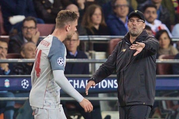 BARCELONA, SPAIN - Wednesday, May 1, 2019: Liverpool's manager Jürgen Klopp reacts during the UEFA Champions League Semi-Final 1st Leg match between FC Barcelona and Liverpool FC at the Camp Nou. (Pic by David Rawcliffe/Propaganda)