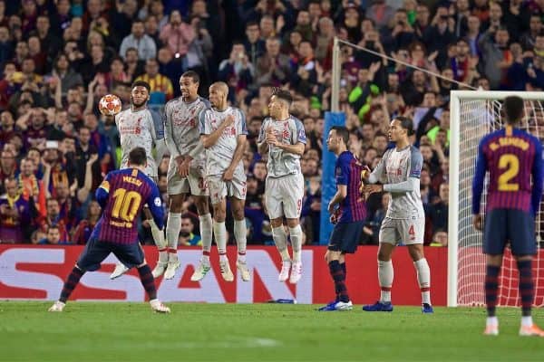 BARCELONA, SPAIN - Wednesday, May 1, 2019: FC Barcelona's Lionel Messi scores the third goal from a free-kick during the UEFA Champions League Semi-Final 1st Leg match between FC Barcelona and Liverpool FC at the Camp Nou. (Pic by David Rawcliffe/Propaganda)