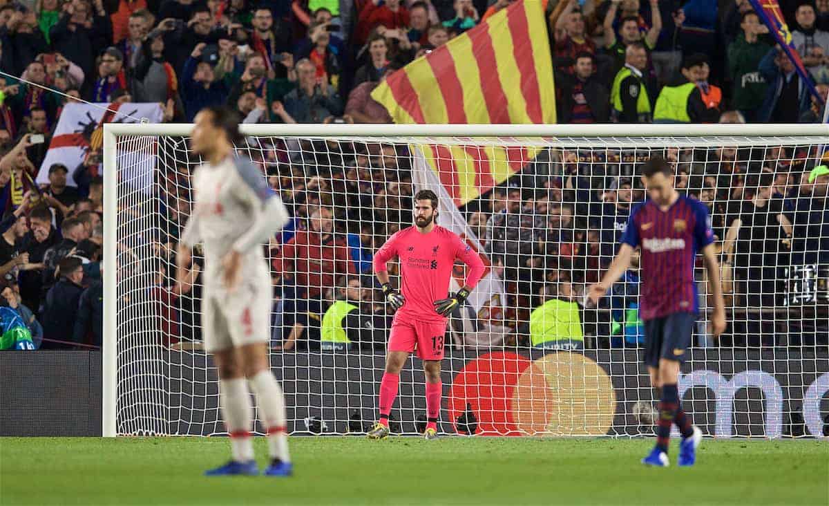 BARCELONA, SPAIN - Wednesday, May 1, 2019: Liverpool's goalkeeper Alisson Becker looks dejected after missing the second goal during the UEFA Champions League Semi-Final 1st Leg match between FC Barcelona and Liverpool FC at the Camp Nou. (Pic by David Rawcliffe/Propaganda)