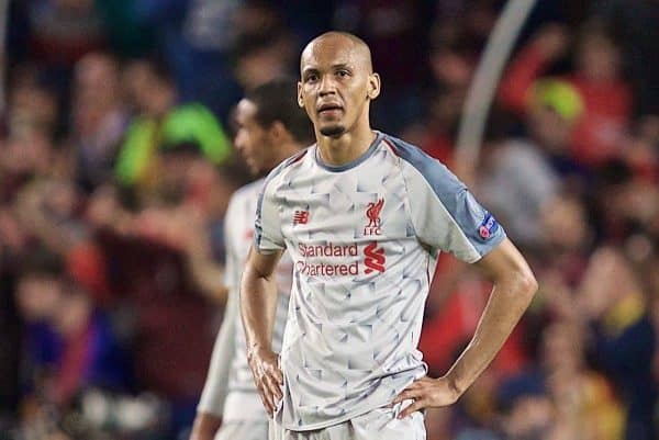 BARCELONA, SPAIN - Wednesday, May 1, 2019: Liverpool's Fabio Henrique Tavares 'Fabinho' looks dejected as FC Barcelona scored the second goal during the UEFA Champions League Semi-Final 1st Leg match between FC Barcelona and Liverpool FC at the Camp Nou. (Pic by David Rawcliffe/Propaganda)