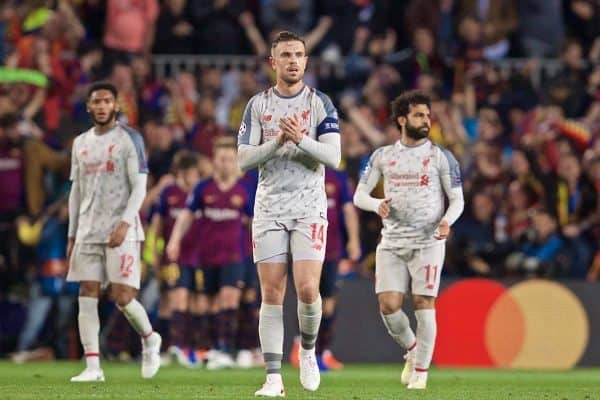 BARCELONA, SPAIN - Wednesday, May 1, 2019: Liverpool's captain Jordan Henderson looks dejected as FC Barcelona score a second goal during the UEFA Champions League Semi-Final 1st Leg match between FC Barcelona and Liverpool FC at the Camp Nou. FC Barcelona won 3-0. (Pic by David Rawcliffe/Propaganda)