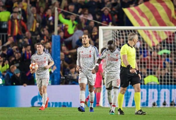 BARCELONA, SPAIN - Wednesday, May 1, 2019: Liverpool's Virgil van Dijk looks dejected as FC Barcelona score the third goal during the UEFA Champions League Semi-Final 1st Leg match between FC Barcelona and Liverpool FC at the Camp Nou. FC Barcelona won 3-0. (Pic by David Rawcliffe/Propaganda)