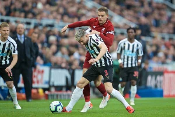 NEWCASTLE-UPON-TYNE, ENGLAND - Saturday, May 4, 2019: Liverpool's captain Jordan Henderson (R) and Newcastle United's Paul Dummett during the FA Premier League match between Newcastle United FC and Liverpool FC at St. James' Park. (Pic by David Rawcliffe/Propaganda)