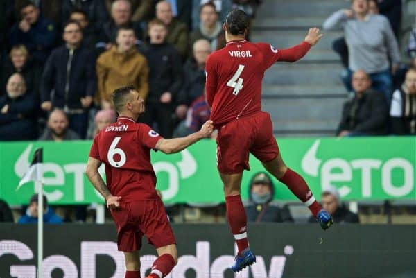 NEWCASTLE-UPON-TYNE, ENGLAND - Saturday, May 4, 2019: Liverpool's Virgil van Dijk celebrates scoring the first goal with a header during the FA Premier League match between Newcastle United FC and Liverpool FC at St. James' Park. (Pic by David Rawcliffe/Propaganda)