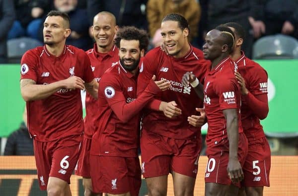 NEWCASTLE-UPON-TYNE, ENGLAND - Saturday, May 4, 2019: Liverpool's Virgil van Dijk celebrates scoring the first goal with a header with team-mates during the FA Premier League match between Newcastle United FC and Liverpool FC at St. James' Park. (Pic by David Rawcliffe/Propaganda)