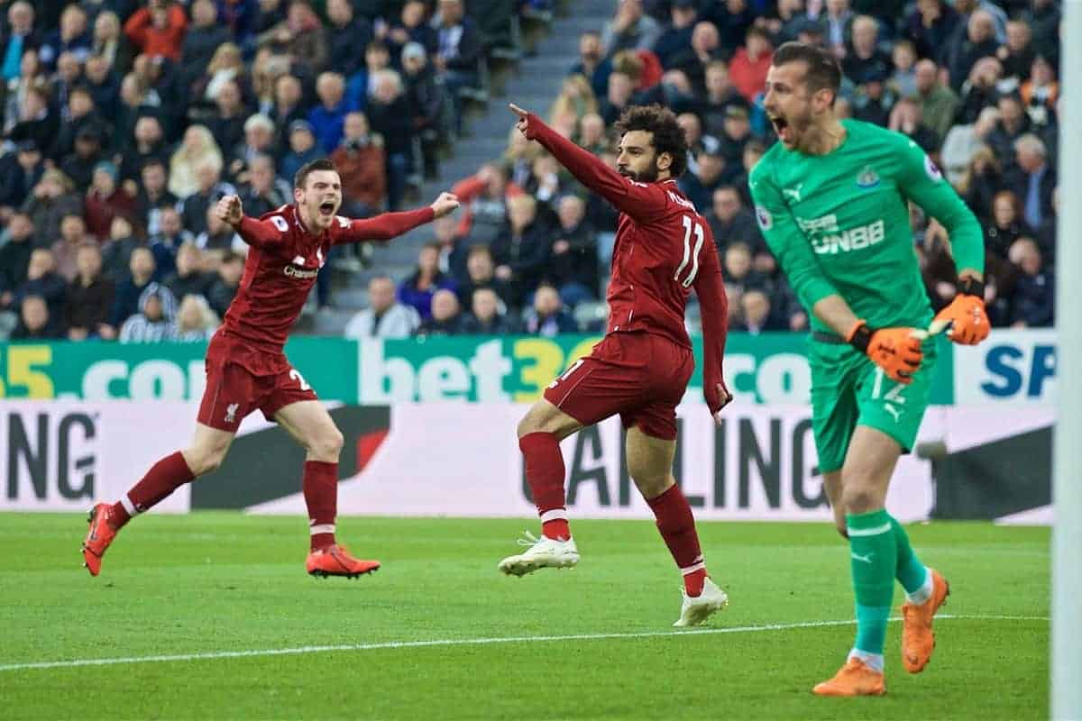 NEWCASTLE-UPON-TYNE, ENGLAND - Saturday, May 4, 2019: Liverpool's Mohamed Salah celebrates scoring the second goal during the FA Premier League match between Newcastle United FC and Liverpool FC at St. James' Park. (Pic by David Rawcliffe/Propaganda)