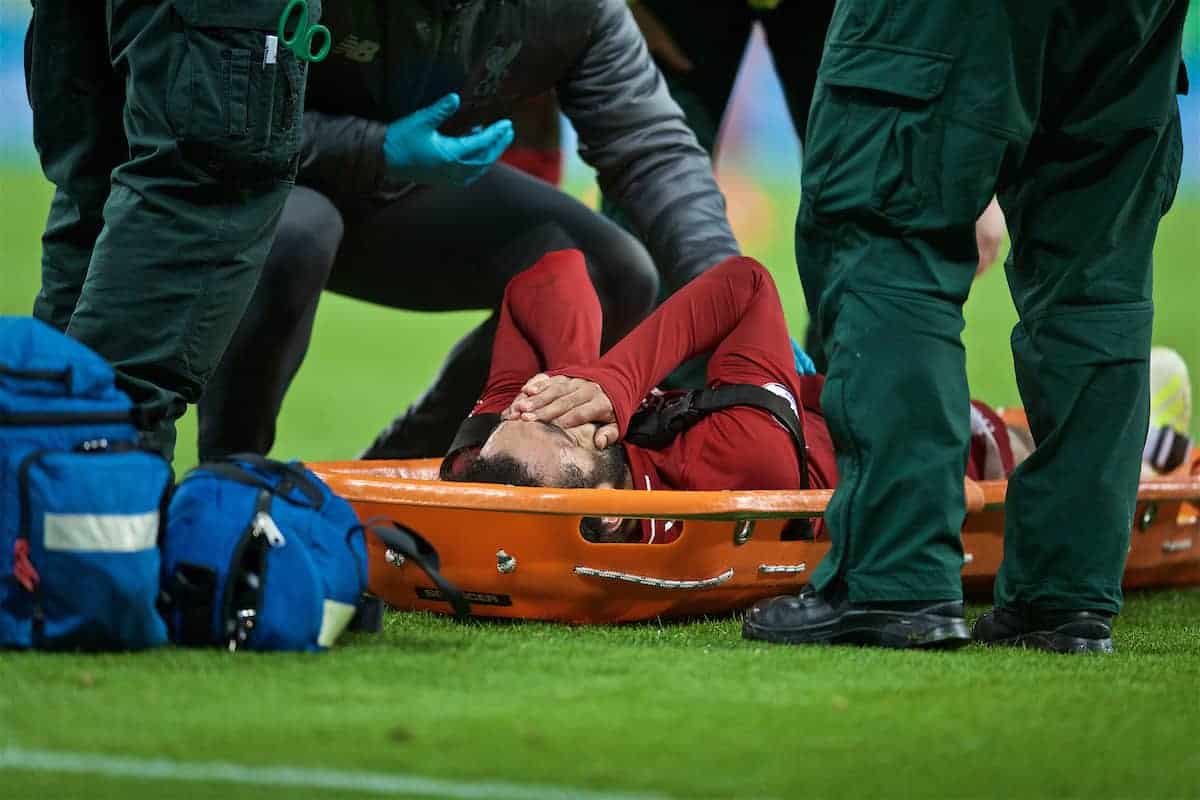 NEWCASTLE-UPON-TYNE, ENGLAND - Saturday, May 4, 2019: Liverpool's Mohamed Salah dis treated for an injury during the FA Premier League match between Newcastle United FC and Liverpool FC at St. James' Park. (Pic by David Rawcliffe/Propaganda)