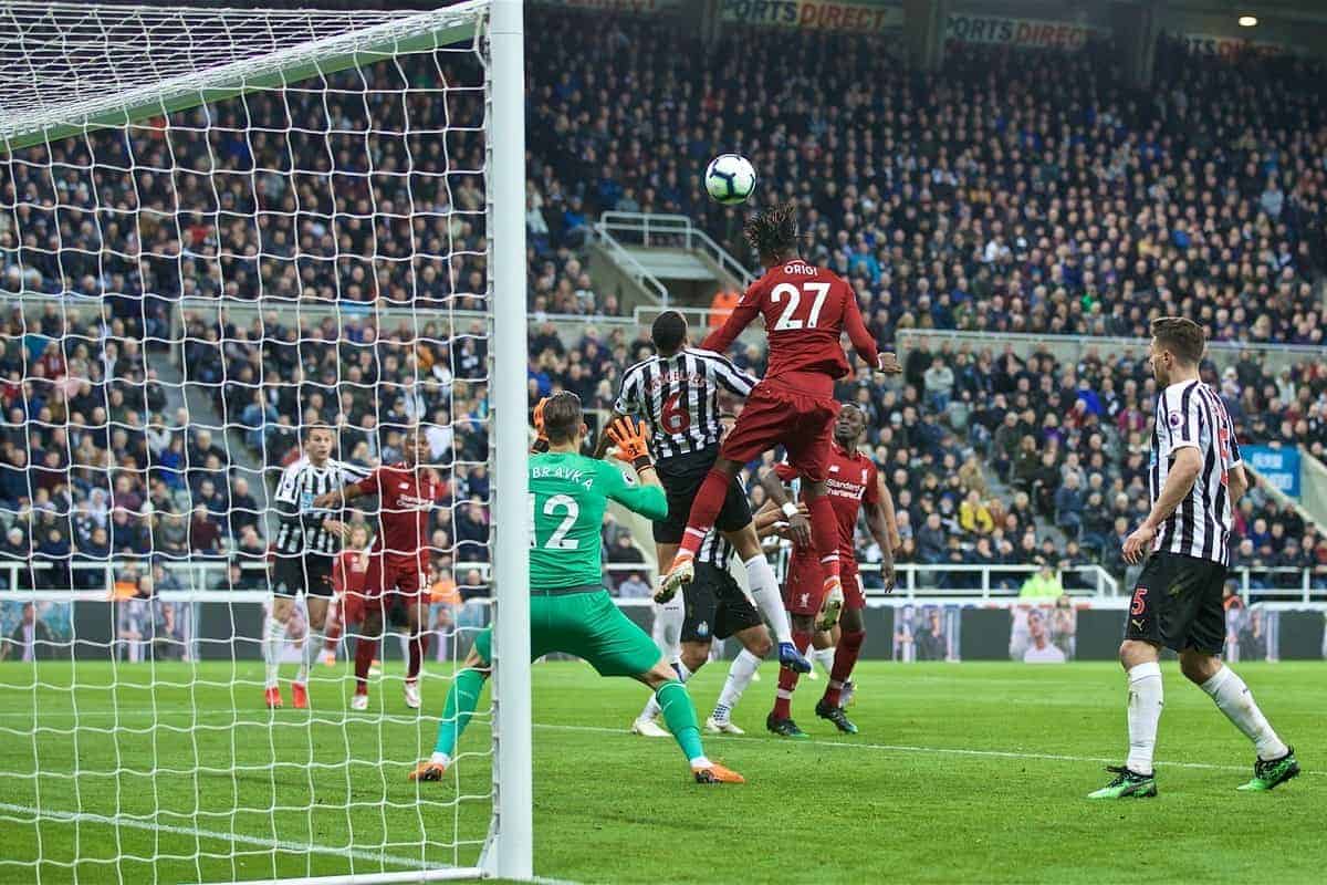 NEWCASTLE-UPON-TYNE, ENGLAND - Saturday, May 4, 2019: Liverpool's Divock Origi scores the third goal during the FA Premier League match between Newcastle United FC and Liverpool FC at St. James' Park. (Pic by David Rawcliffe/Propaganda)