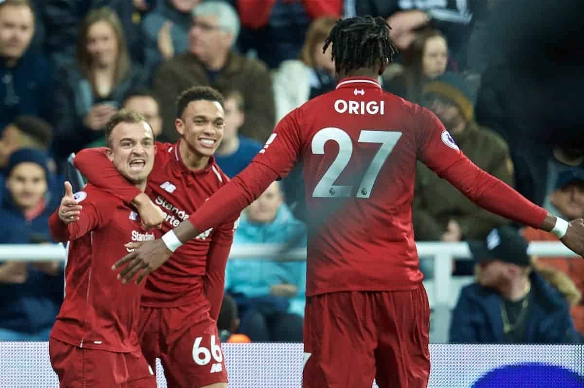 NEWCASTLE-UPON-TYNE, ENGLAND - Saturday, May 4, 2019: Liverpool's Divock Origi celebrates scoring the third goal with team-mates during the FA Premier League match between Newcastle United FC and Liverpool FC at St. James' Park. (Pic by David Rawcliffe/Propaganda)