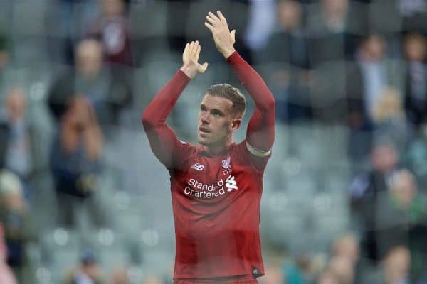 NEWCASTLE-UPON-TYNE, ENGLAND - Saturday, May 4, 2019: Liverpool's captain Jordan Henderson applause the supporters after the FA Premier League match between Newcastle United FC and Liverpool FC at St. James' Park. (Pic by David Rawcliffe/Propaganda)