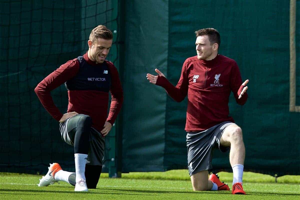 LIVERPOOL, ENGLAND - Monday, May 6, 2019: Liverpool's captain Jordan Henderson Liverpool' and Andy Robertson during a training session at Melwood Training Ground ahead of the UEFA Champions League Semi-Final 2nd Leg match between Liverpool FC and FC Barcelona. (Pic by David Rawcliffe/Propaganda)