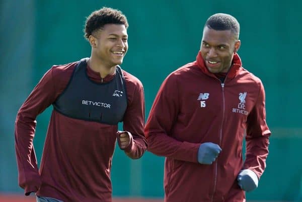 LIVERPOOL, ENGLAND - Monday, May 6, 2019: Liverpool's Rhian Brewster (L) and Daniel Sturridge during a training session at Melwood Training Ground ahead of the UEFA Champions League Semi-Final 2nd Leg match between Liverpool FC and FC Barcelona. (Pic by David Rawcliffe/Propaganda)