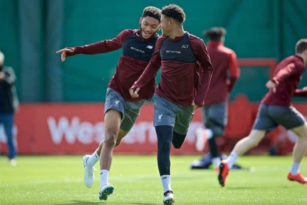 LIVERPOOL, ENGLAND - Monday, May 6, 2019: Liverpool's Joe Gomez and Rhian Brewster (R) during a training session at Melwood Training Ground ahead of the UEFA Champions League Semi-Final 2nd Leg match between Liverpool FC and FC Barcelona. (Pic by David Rawcliffe/Propaganda)