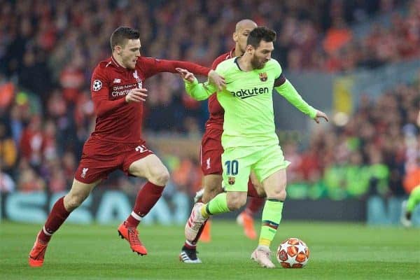 LIVERPOOL, ENGLAND - Tuesday, May 7, 2019: Liverpool's Andy Robertson (L), Fabio Henrique Tavares 'Fabinho' (C) and FC Barcelona's Lionel Messi (R) during the UEFA Champions League Semi-Final 2nd Leg match between Liverpool FC and FC Barcelona at Anfield. (Pic by David Rawcliffe/Propaganda)