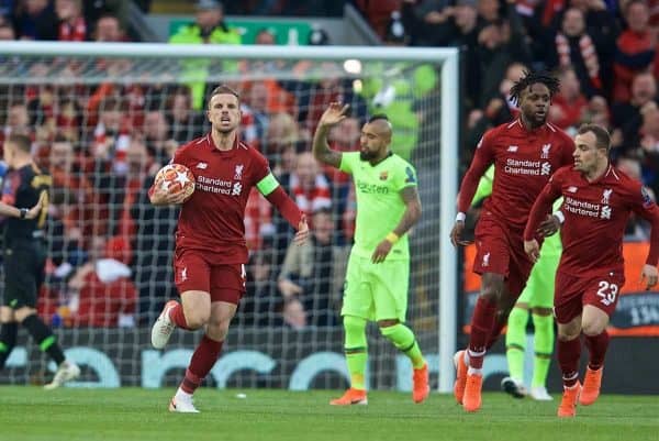 LIVERPOOL, ENGLAND - Tuesday, May 7, 2019: Liverpool's captain Jordan Henderson celebrates their side's first goal during the UEFA Champions League Semi-Final 2nd Leg match between Liverpool FC and FC Barcelona at Anfield. (Pic by David Rawcliffe/Propaganda)