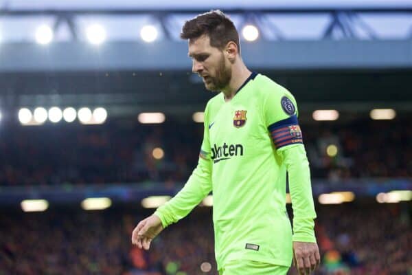 LIVERPOOL, ENGLAND - Tuesday, May 7, 2019: FC Barcelona's Lionel Messi during the UEFA Champions League Semi-Final 2nd Leg match between Liverpool FC and FC Barcelona at Anfield. (Pic by David Rawcliffe/Propaganda)