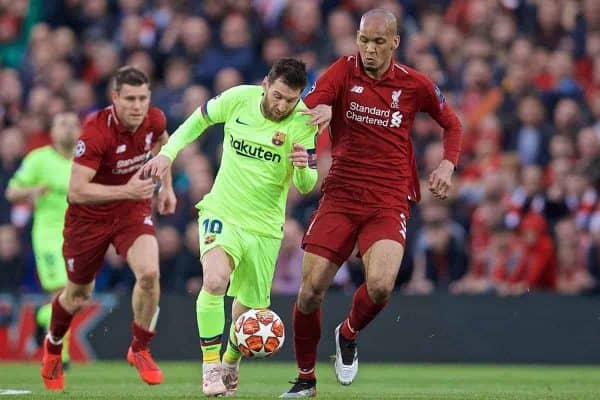 LIVERPOOL, ENGLAND - Tuesday, May 7, 2019: Liverpool's Fabio Henrique Tavares 'Fabinho' (R) and FC Barcelona's Lionel Messi (L) during the UEFA Champions League Semi-Final 2nd Leg match between Liverpool FC and FC Barcelona at Anfield. (Pic by David Rawcliffe/Propaganda)