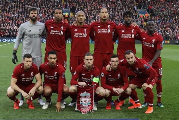 LIVERPOOL, ENGLAND - Tuesday, May 7, 2019: Liverpool's players line-up for a team group photograph before the UEFA Champions League Semi-Final 2nd Leg match between Liverpool FC and FC Barcelona at Anfield. Back row L-R: goalkeeper Alisson Becker, Joel Matip, Fabio Henrique Tavares 'Fabinho', Virgil van Dijk, Divock Origi, Sadio Mane. Front row L-R: James Milner, Trent Alexander-Arnold, captain Jordan Henderson, Andy Robertson, Xherdan Shaqiri.(Pic by David Rawcliffe/Propaganda)