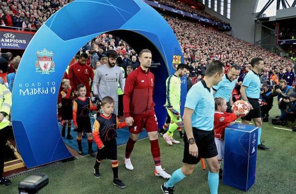 LIVERPOOL, ENGLAND - Tuesday, May 7, 2019: Liverpool's captain Jordan Henderson leads his team out before the UEFA Champions League Semi-Final 2nd Leg match between Liverpool FC and FC Barcelona at Anfield. (Pic by David Rawcliffe/Propaganda)