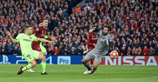  Liverpool's goalkeeper Alisson Becker makes a save from FC Barcelona's Jordi Alba during the UEFA Champions League Semi-Final 2nd Leg match between Liverpool FC and FC Barcelona at Anfield. (Pic by David Rawcliffe/Propaganda)