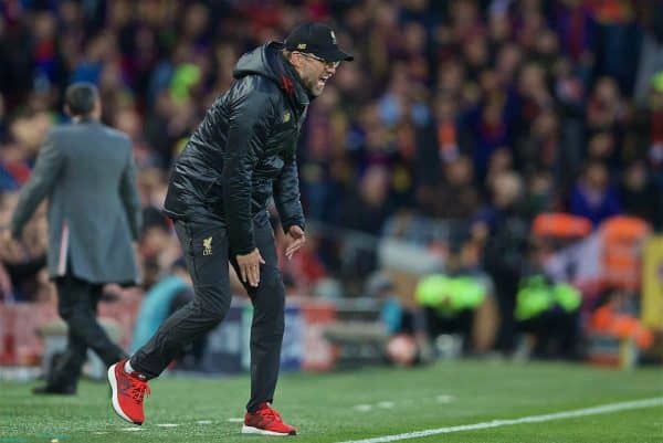 LIVERPOOL, ENGLAND - Tuesday, May 7, 2019: Liverpool's manager Jürgen Klopp reacts during the UEFA Champions League Semi-Final 2nd Leg match between Liverpool FC and FC Barcelona at Anfield. (Pic by David Rawcliffe/Propaganda)