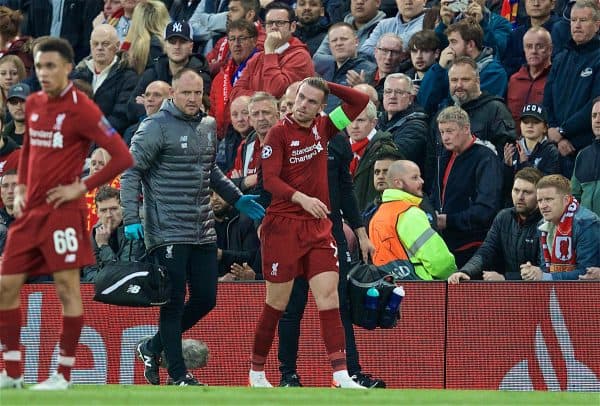  Liverpool's captain Jordan Henderson is treated for an injury during the UEFA Champions League Semi-Final 2nd Leg match between Liverpool FC and FC Barcelona at Anfield. (Pic by David Rawcliffe/Propaganda)