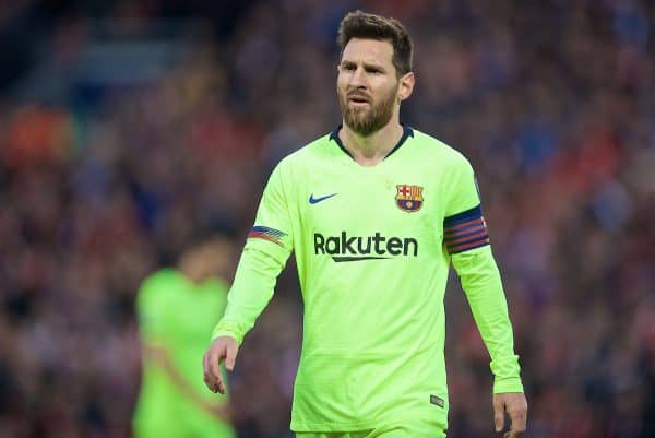 LIVERPOOL, ENGLAND - Tuesday, May 7, 2019: FC Barcelona's Lionel Messi looks dejected during the UEFA Champions League Semi-Final 2nd Leg match between Liverpool FC and FC Barcelona at Anfield. (Pic by David Rawcliffe/Propaganda)