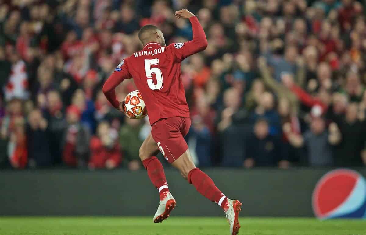 LIVERPOOL, ENGLAND - Tuesday, May 7, 2019: Liverpool's Georginio Wijnaldum celebrates scoring the second goal during the UEFA Champions League Semi-Final 2nd Leg match between Liverpool FC and FC Barcelona at Anfield. (Pic by David Rawcliffe/Propaganda)