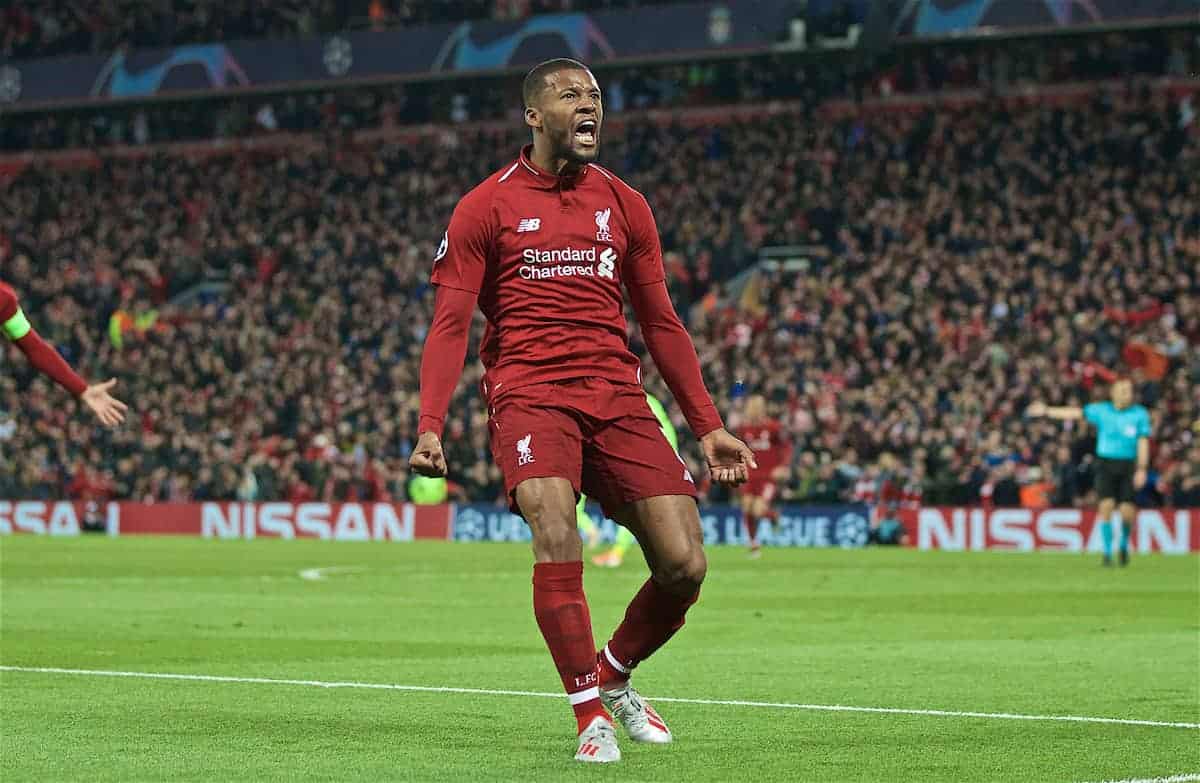 LIVERPOOL, ENGLAND - Tuesday, May 7, 2019: Liverpool's Georginio Wijnaldum celebrates scoring the third goal during the UEFA Champions League Semi-Final 2nd Leg match between Liverpool FC and FC Barcelona at Anfield. (Pic by David Rawcliffe/Propaganda)