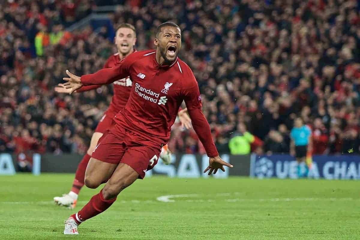 LIVERPOOL, ENGLAND - Tuesday, May 7, 2019: Liverpool's Georginio Wijnaldum celebrates scoring the third goal during the UEFA Champions League Semi-Final 2nd Leg match between Liverpool FC and FC Barcelona at Anfield. (Pic by David Rawcliffe/Propaganda)