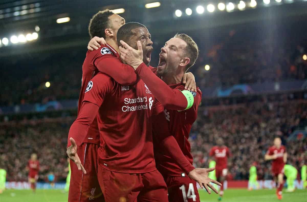 LIVERPOOL, ENGLAND - Tuesday, May 7, 2019: Liverpool's Georginio Wijnaldum celebrates scoring the third goal with team-mates during the UEFA Champions League Semi-Final 2nd Leg match between Liverpool FC and FC Barcelona at Anfield. (Pic by David Rawcliffe/Propaganda)