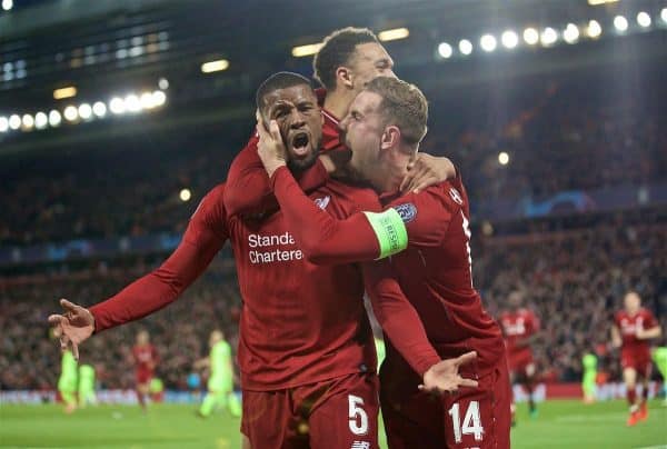 LIVERPOOL, ENGLAND - Tuesday, May 7, 2019: Liverpool's Georginio Wijnaldum celebrates scoring the third goal with team-mates during the UEFA Champions League Semi-Final 2nd Leg match between Liverpool FC and FC Barcelona at Anfield. (Pic by David Rawcliffe/Propaganda)