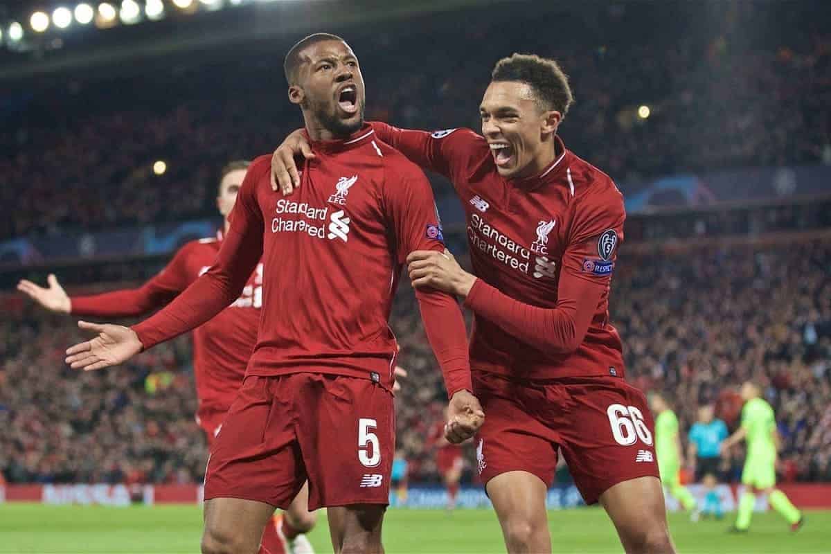 LIVERPOOL, ENGLAND - Tuesday, May 7, 2019: Liverpool's Georginio Wijnaldum (L) celebrates scoring the third goal with team-mate Trent Alexander-Arnold during the UEFA Champions League Semi-Final 2nd Leg match between Liverpool FC and FC Barcelona at Anfield. (Pic by David Rawcliffe/Propaganda)