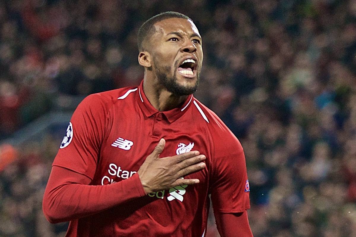 LIVERPOOL, ENGLAND - Tuesday, May 7, 2019: Liverpool's Georginio Wijnaldum celebrates scoring the third goal during the UEFA Champions League Semi-Final 2nd Leg match between Liverpool FC and FC Barcelona at Anfield. (Pic by David Rawcliffe/Propaganda)