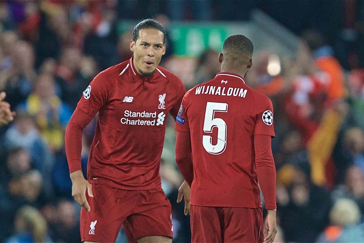 LIVERPOOL, ENGLAND - Tuesday, May 7, 2019: Liverpool's Georginio Wijnaldum (R) celebrates scoring the second goal with team-mate Virgil van Dijk during the UEFA Champions League Semi-Final 2nd Leg match between Liverpool FC and FC Barcelona at Anfield. (Pic by David Rawcliffe/Propaganda)