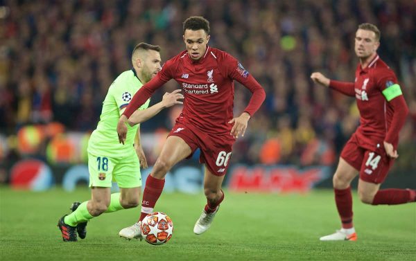 LIVERPOOL, ENGLAND - Tuesday, May 7, 2019: Liverpool's Trent Alexander-Arnold during the UEFA Champions League Semi-Final 2nd Leg match between Liverpool FC and FC Barcelona at Anfield. (Pic by David Rawcliffe/Propaganda)