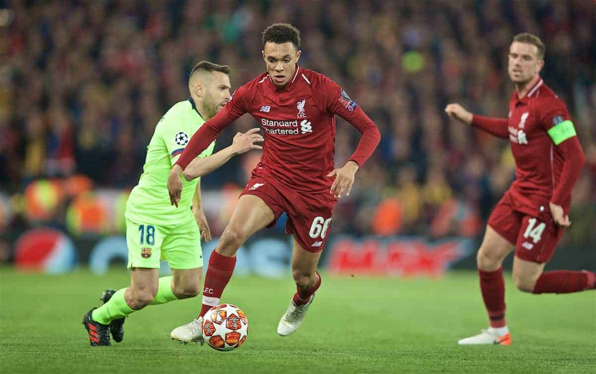 LIVERPOOL, ENGLAND - Tuesday, May 7, 2019: Liverpool's Trent Alexander-Arnold during the UEFA Champions League Semi-Final 2nd Leg match between Liverpool FC and FC Barcelona at Anfield. (Pic by David Rawcliffe/Propaganda)