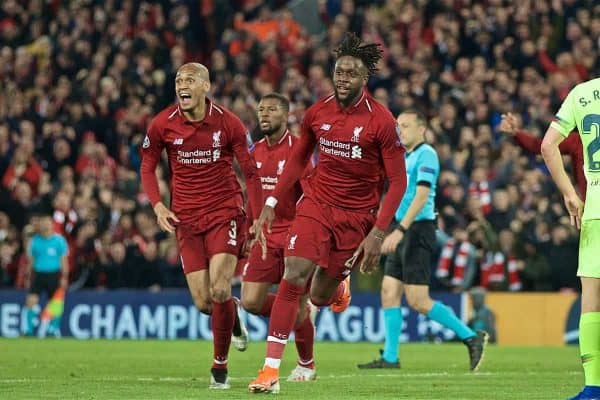 LIVERPOOL, ENGLAND - Tuesday, May 7, 2019: Liverpool's Divock Origi celebrates scoring the fourth goal during the UEFA Champions League Semi-Final 2nd Leg match between Liverpool FC and FC Barcelona at Anfield. (Pic by David Rawcliffe/Propaganda)