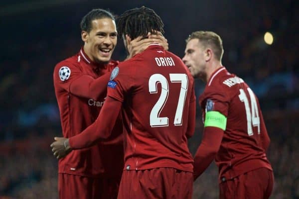 LIVERPOOL, ENGLAND - Tuesday, May 7, 2019: Liverpool's Divock Origi celebrates scoring the fourth goal with team-mate Virgil van Dijk during the UEFA Champions League Semi-Final 2nd Leg match between Liverpool FC and FC Barcelona at Anfield. (Pic by David Rawcliffe/Propaganda)