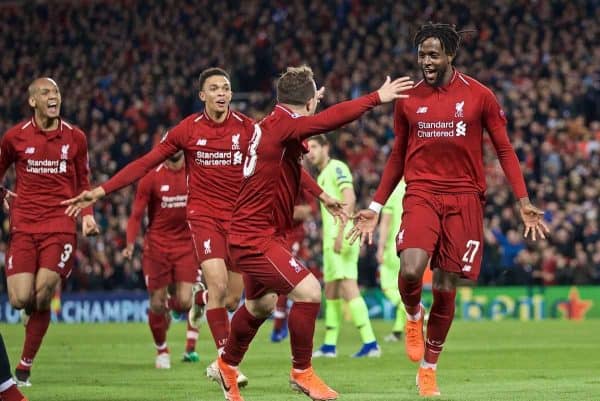 LIVERPOOL, INGLATERRA - Martes, 7 de mayo de 2019: Divock Origi del Liverpool celebra marcar el cuarto gol con sus compañeros de equipo durante el partido de vuelta de la semifinal de la UEFA Champions League entre el Liverpool FC y el FC Barcelona en Anfield.  (Foto de David Rawcliffe/Propaganda)