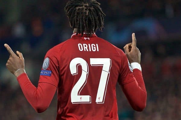 LIVERPOOL, ENGLAND - Tuesday, May 7, 2019: Liverpool's Divock Origi celebrates scoring the fourth goal during the UEFA Champions League Semi-Final 2nd Leg match between Liverpool FC and FC Barcelona at Anfield. (Pic by David Rawcliffe/Propaganda)