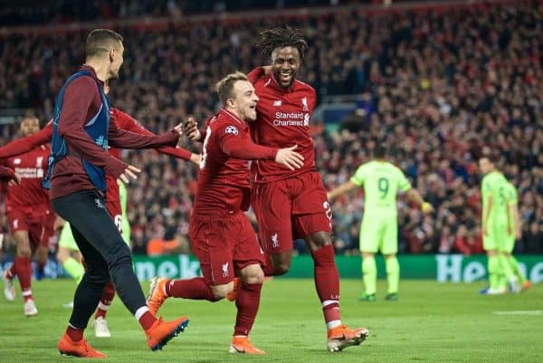 LIVERPOOL, ENGLAND - Tuesday, May 7, 2019: Liverpool's Divock Origi celebrates scoring the fourth goal with team-mate Xherdan Shaqiri during the UEFA Champions League Semi-Final 2nd Leg match between Liverpool FC and FC Barcelona at Anfield. (Pic by David Rawcliffe/Propaganda)